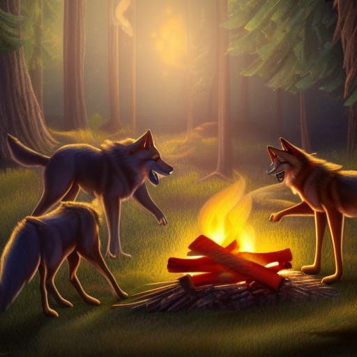Wolves toasting marshmallows by the campfire